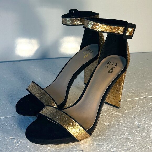 Mix No.6 SZ 9 Cym Gold Glitter Ankle Strap Heels Dressy Formal Prom Club Wedding - Picture 3 of 9